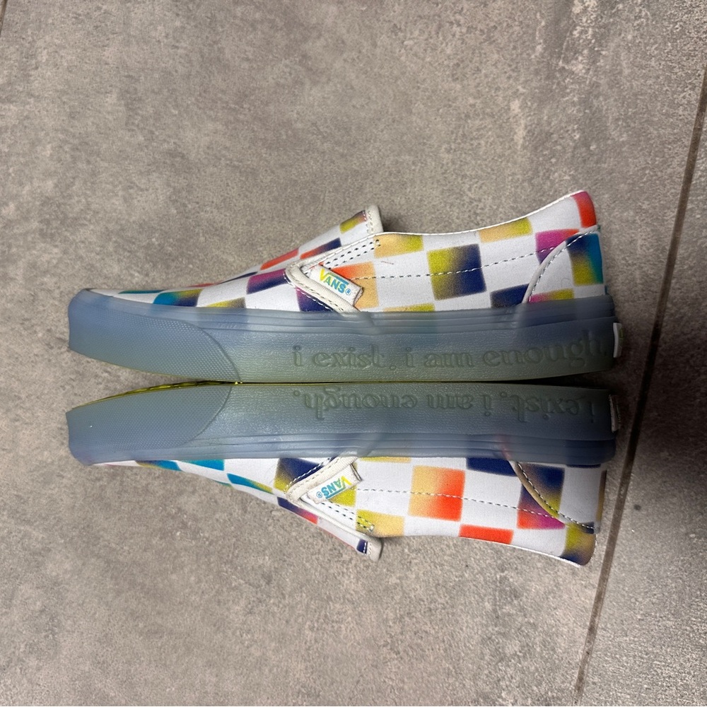 Vans Slip-On Cultivate Care Checkered Rainbow Skate Shoes Blue Gum Sole I Exist - Picture 5 of 11